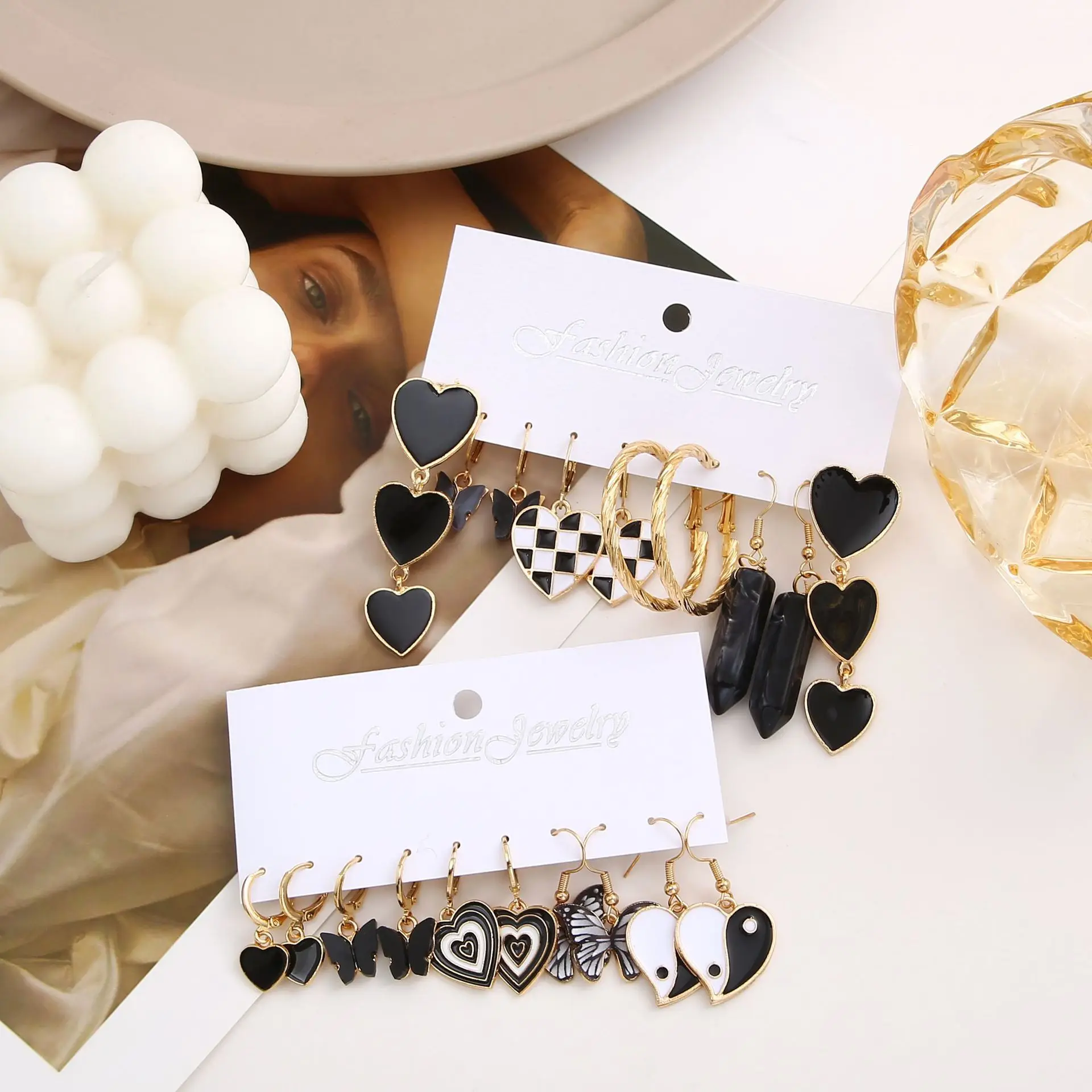 Fashion Black Heart Drop Earrings Set  for Women Chessboard Ladies Love Tai Chi Temperament Earring 2023 Trendy Jewelry Gifts