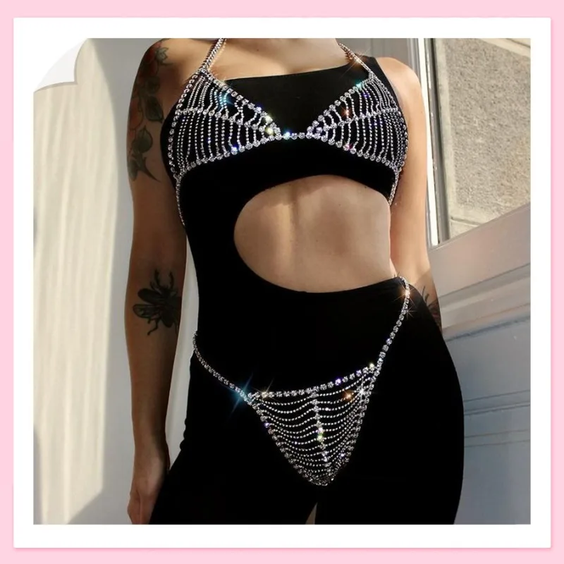 

Hot Selling Rhinestone Mesh Breast Chain Set Sexy Summer Bikini Body Chain Set