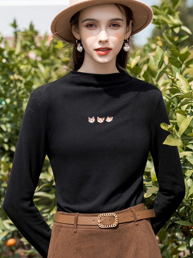 I BELIEVE YOU Autumn Solid T-shirts For Women 2022 Elastic Turtleneck Tops Long Sleeve Embroidery Slim Women Clothing 2214014341