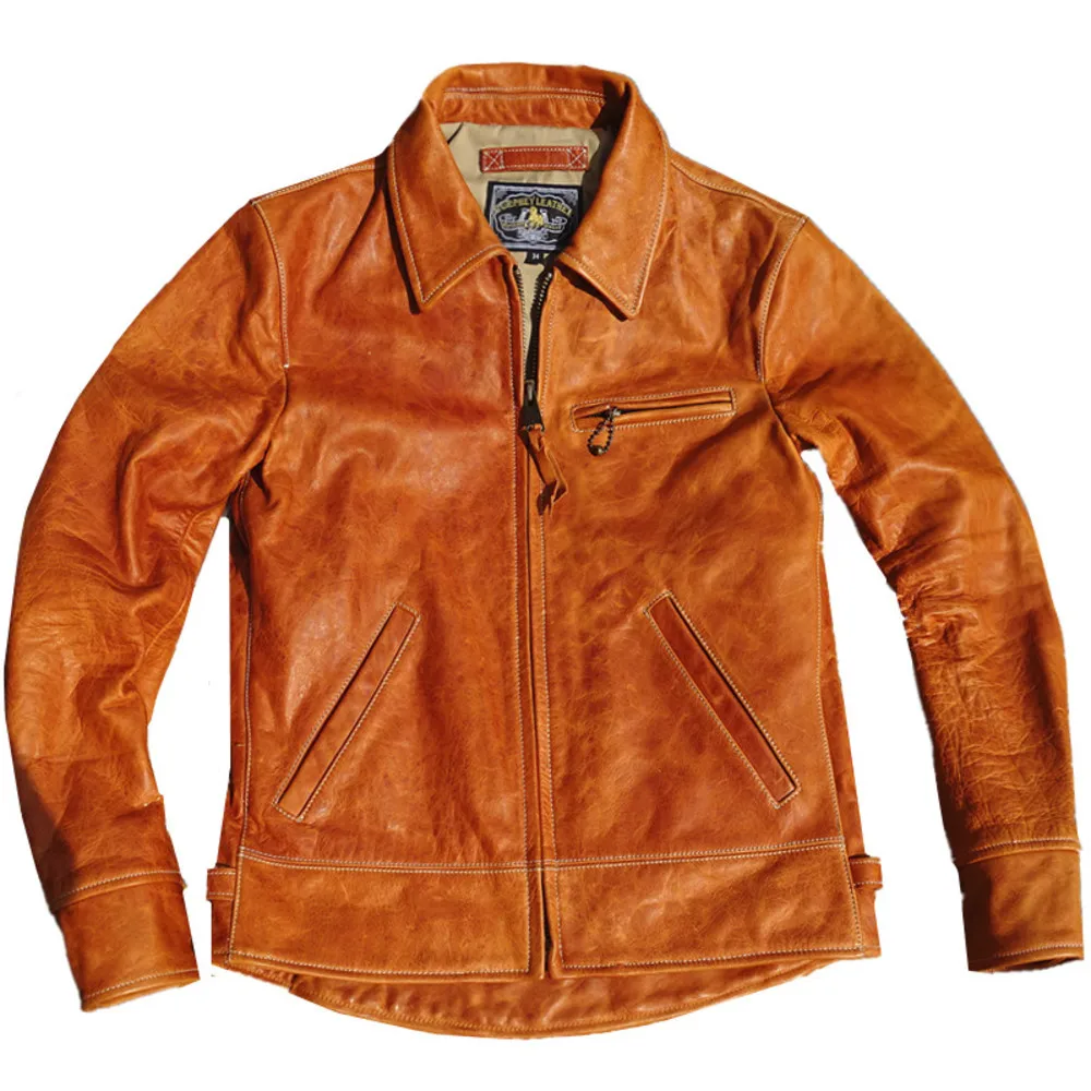 

Leather Men's Jacket Horsehide Short Slim Fit Amber Biker Winter Autumn Wear Vintage Clothes