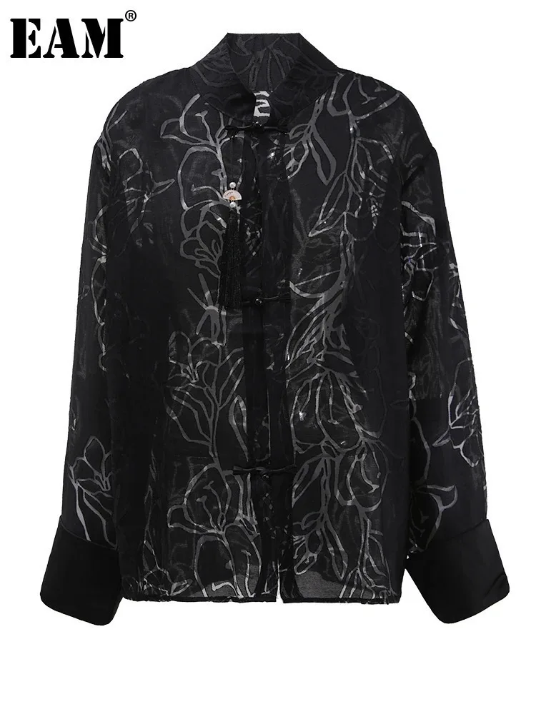 EAM-Blusa de manga larga con cuello alto para mujer, camisa con estampado negro, talla grande, a la moda, para primavera y otoño, 2024, CPG1708