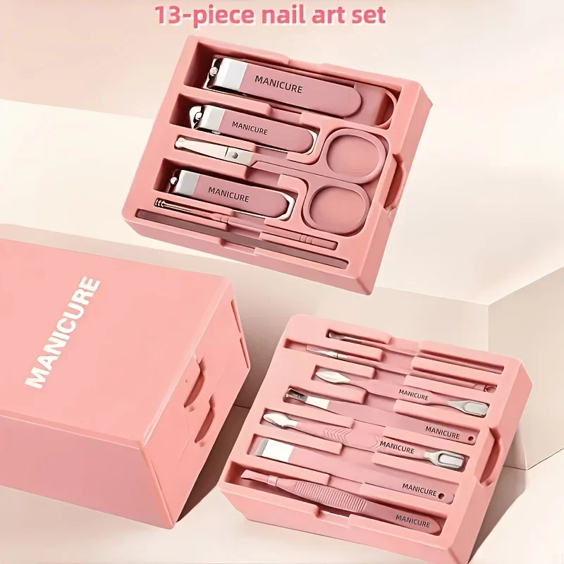 13pcs Pink Nail Care & Beauty Set with Mirror Nail Clippers Eyebrow Scissors Suitable for Manicure Pedicure Portable Case 3