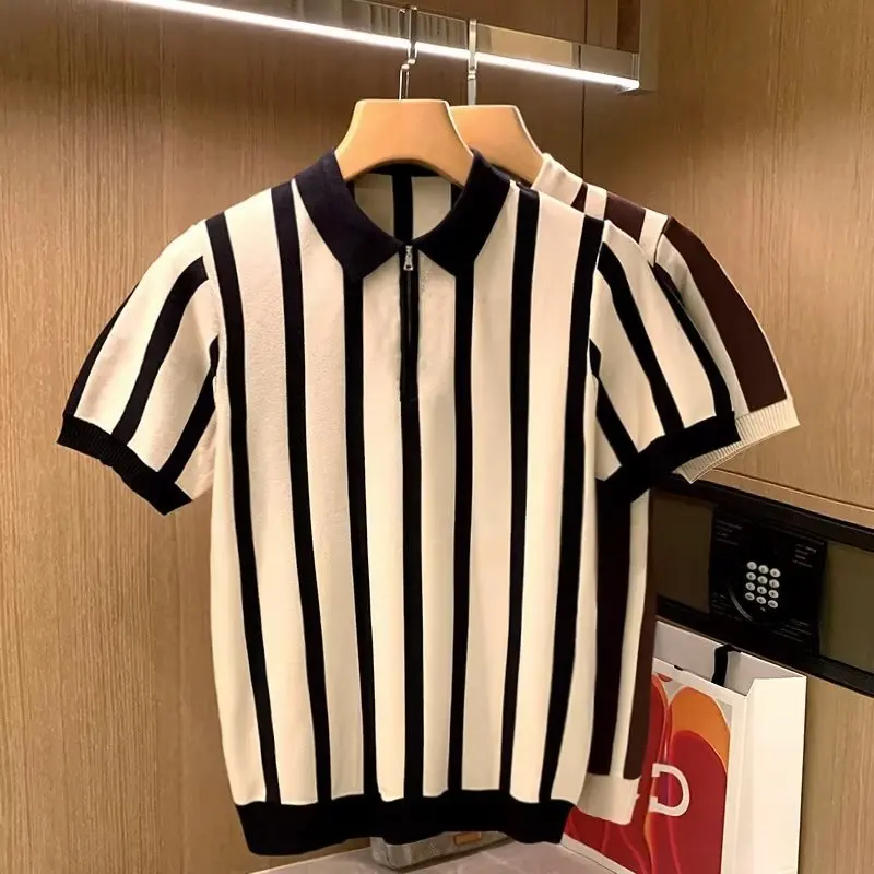 

Лето 2023, свободный крой, вязаный топ с коротким рукавом, новый модный мужской молодежный модный повседневный пуловер с круглым вырезом