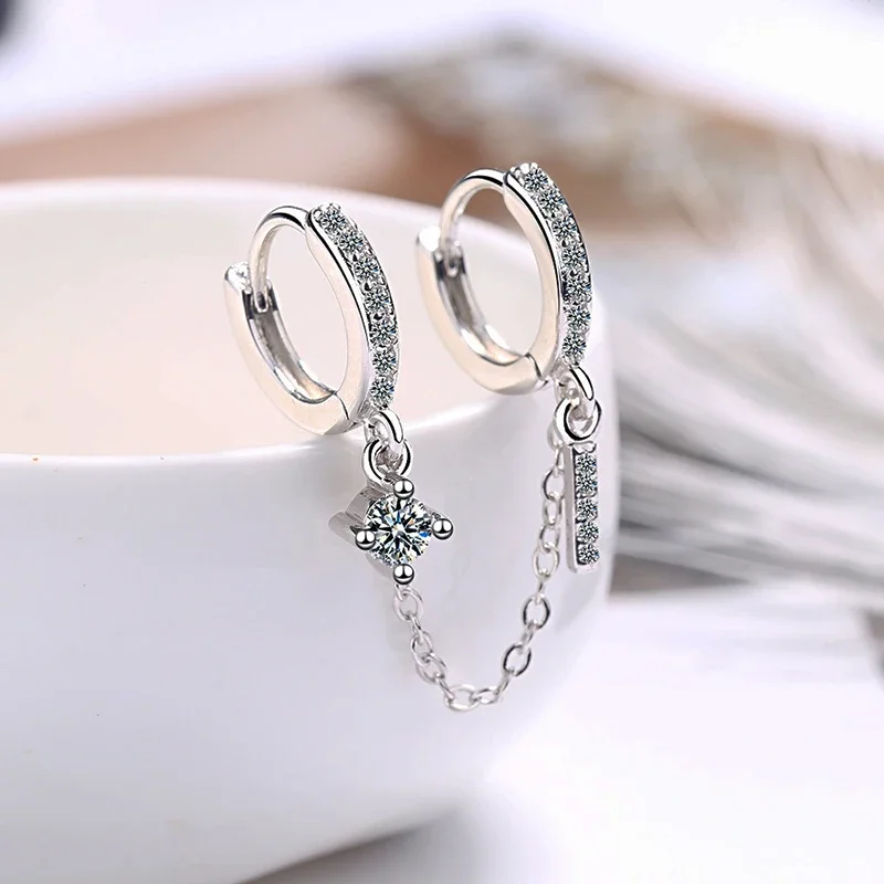 Women's Double Ear Hole Hoop Earrings Bohemia Two Hoops Connected With Chain Crystal Stud Charming Earring Piercing Jewelry