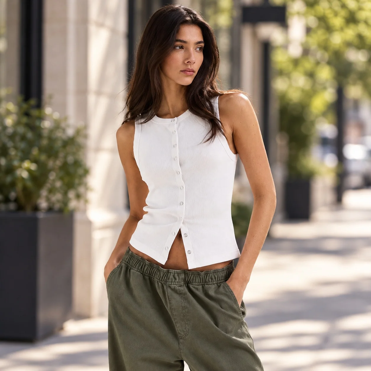 Sleeveless Fitted Top Straight Cut Elegant and Graceful with Button Detail Tank Top Daily Streetwear Commute Wear for Women