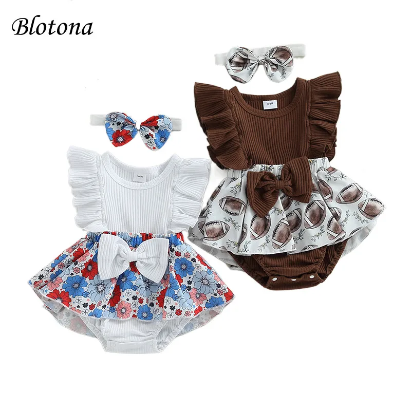 

Blotona Baby Girl Summer Floral Romper Dress Flying Sleeve Ribbed Patchwork Flower/Rugby Print Bodysuit with Headband 0-12Months