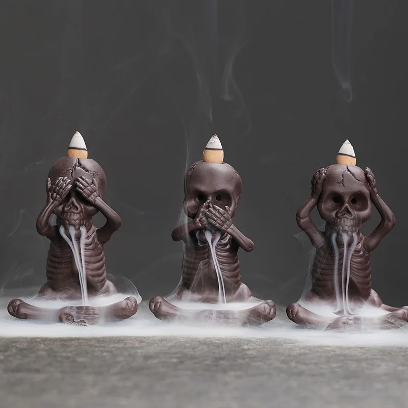 Halloween Funny Skull Ecoflow Backflow Incense Burner Witchcraft Punk Home Decorations Handmade Purple Clay Incense Holder Gift