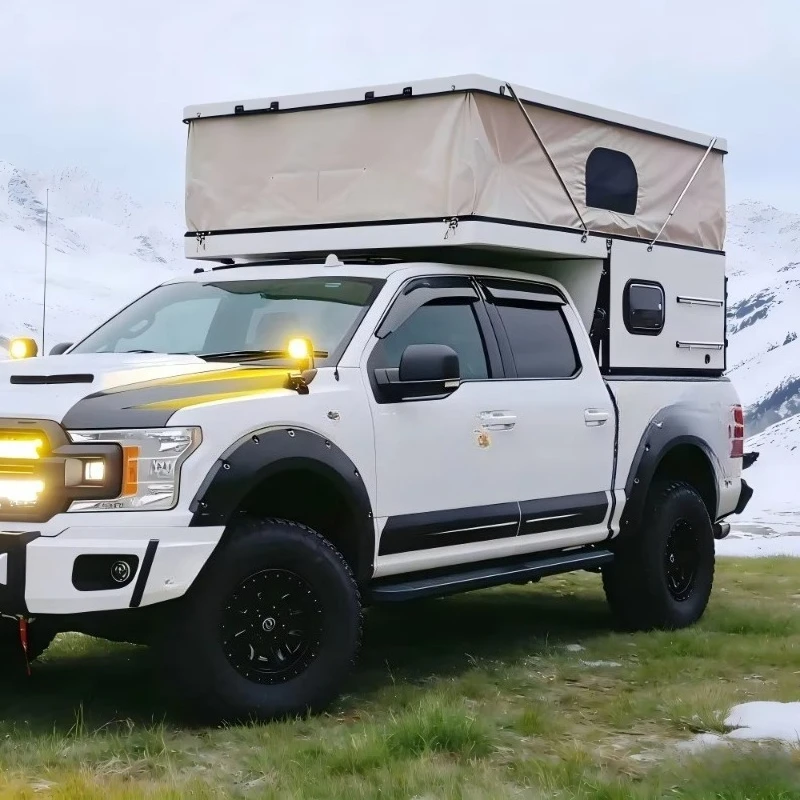 High Quality Aluminum Travel Caravan Modern Style RV Trailer Manual Roof Lift Pickup Truck Camping 8 Person White