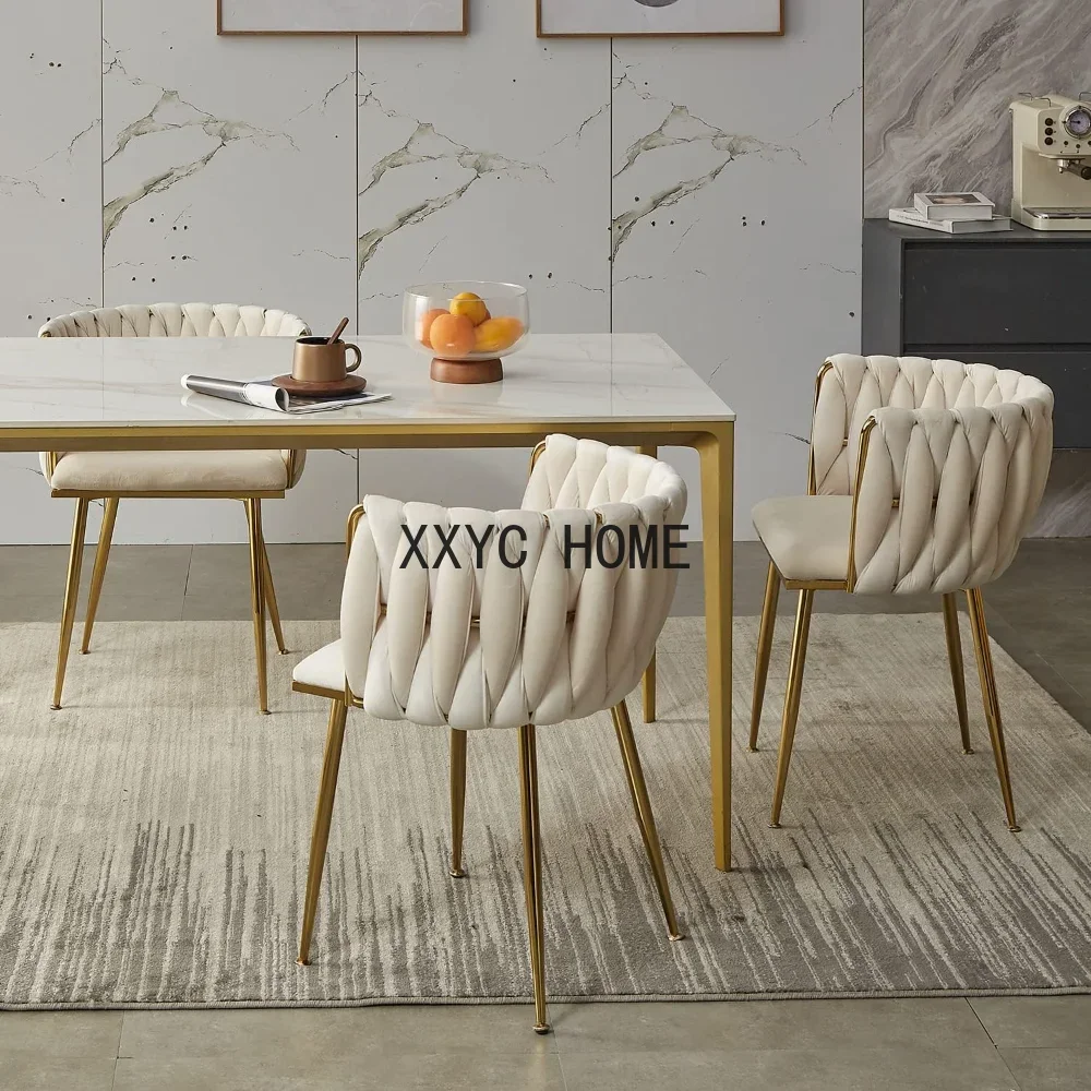 Velvet Dining Chairs Set of 4, Modern  with Golden Metal Legs, Woven Upholstered Dining Chairs for Dining