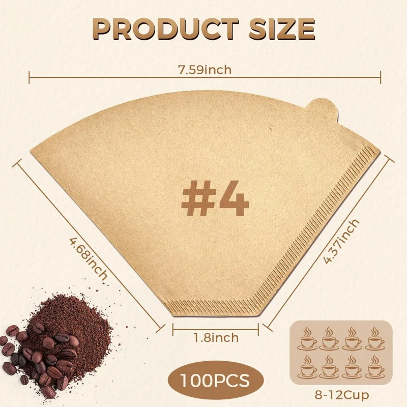 

Hand drawn drip 100 fan-shaped disposable coffee filters 8-12 cups, natural paper with unbleached pulp