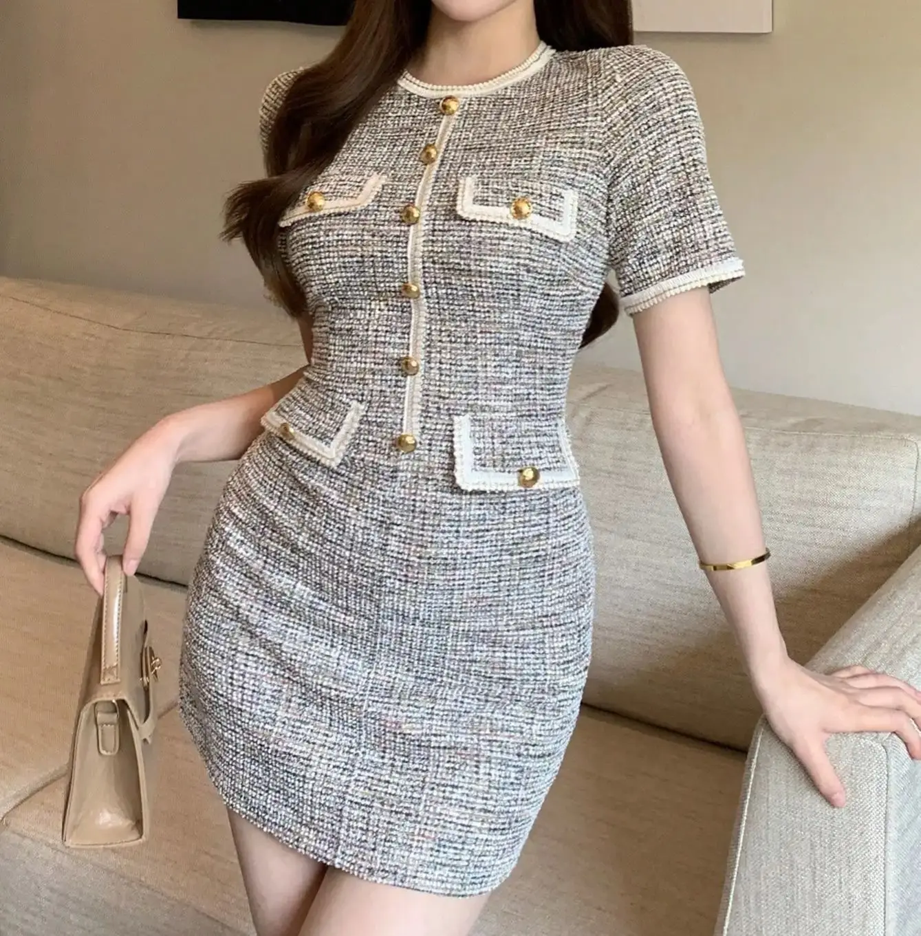 JHJN الزهور الخام تي شيرت فستان جيب زر اللون حجب الزراعة الذاتية نمط اجتماعي جاهزة تنورة قصيرة #1