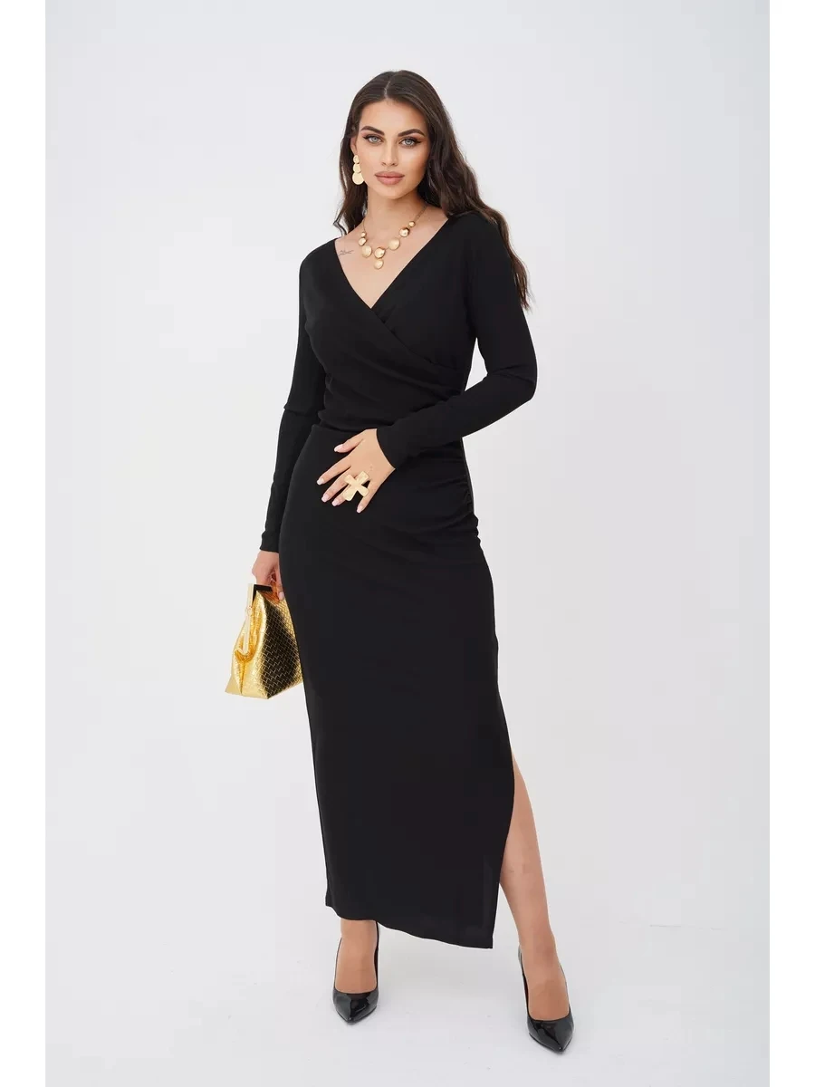 Women's Noodles Ribbed Black Evening Dress Female Trendy Party Club Soild Deep V Neck Long Dress