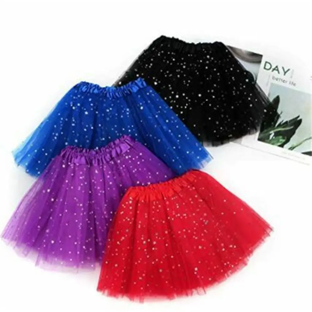 Fashion Kids Mesh Miniskirts Girls Princess Stars Glitter Dance Ballet Tutu Sequin Party Girl Faldas Skirt Elastic Clothes 2-8Y