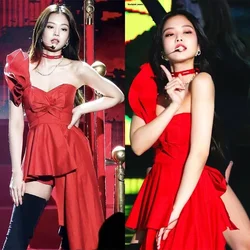 Jennie K-pop Stage Outfit pour femme, Red fur s, Festival Rave Wear, Performance Costume, Showgirl DJ DS, Interdiction Outfits