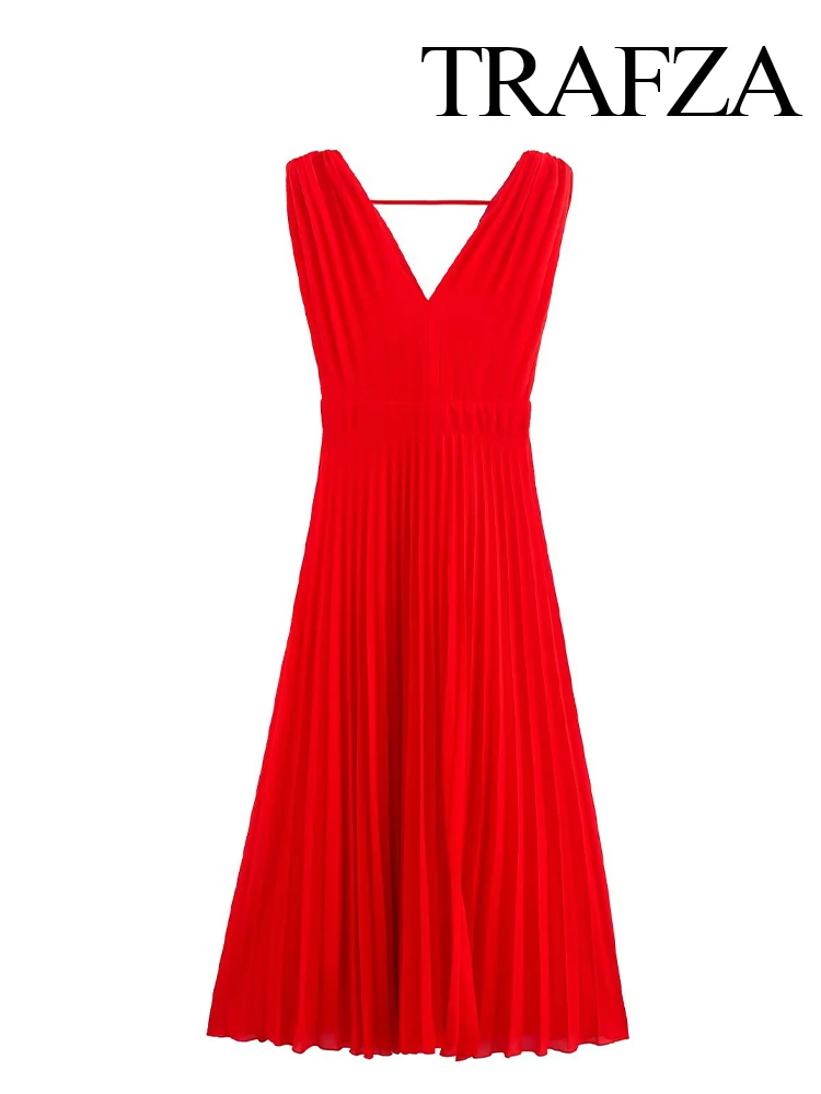 

HH Summer Women Dresses Pleated Slim Holiday Party Dress Woman Sexy V-Neck Sleeveless Rear Zipper Fashion Midi Dress Mujer