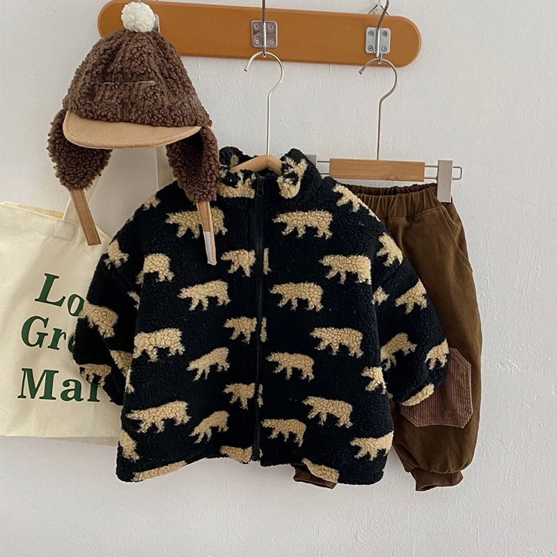 Winter Children's Coat Autumn Clothing For Boys Girls Cartoon Printed Sweater Top Stand Up Collar Cardigan Warm Outer Jacket