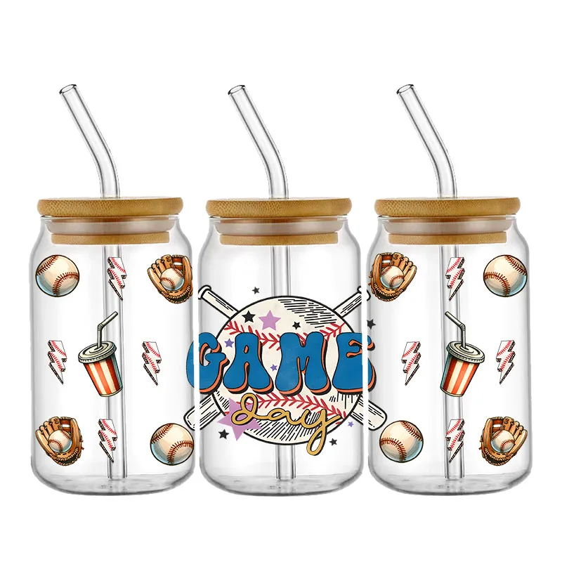 Cartoon Baseball ball Mama 16OZ UV DTF Cup Wraps Transfer Sticker For Glass Libbey Can Bottle Selfadhesive Washable DIY Custom