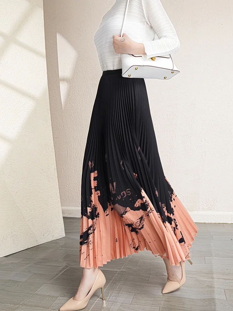 Skirts For Women 45-75KG Spring Autumn And Winter New Fashion High Waist Printed Loose Stretch Miyake Pleated Skirt