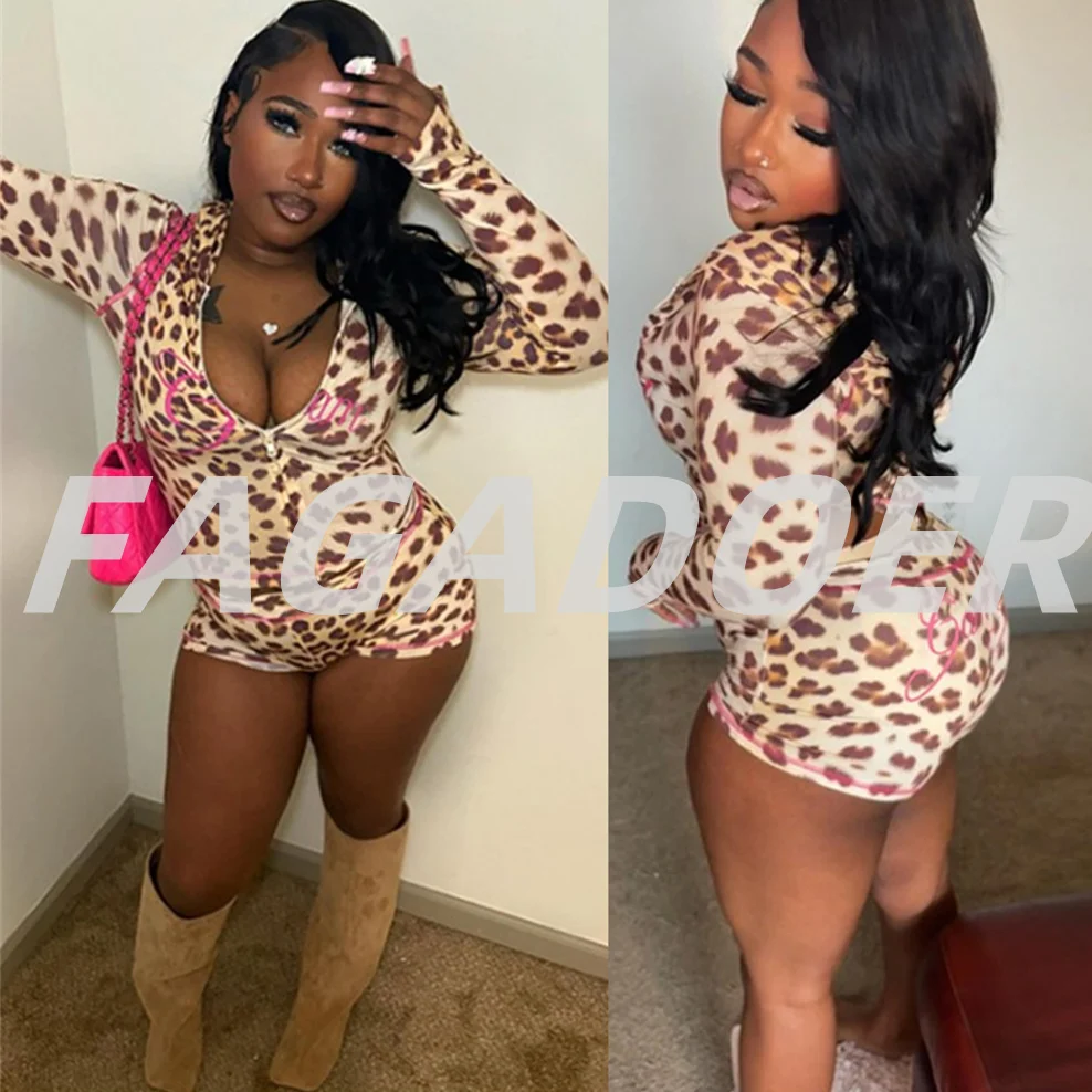 

FAGADOER Sexy Leopard Print Woman 2 Piece Set Outfit Hooded Jacket + Low Waisted Shorts Matching Suit Female Streetwear Clothing