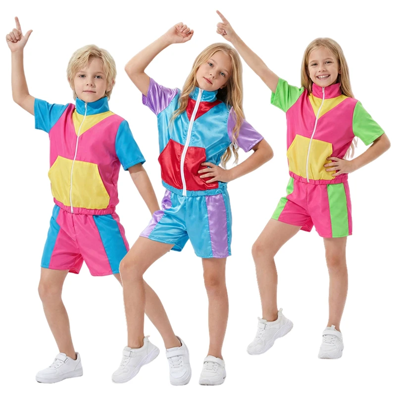 Disfraces de Discoteca para Niños de los 80 y 90, Leotardos de Hip Hop y Baile Urbano, Ropa Deportiva Escolar, Pantalones Cortos de Manga Corta, Ropa para Festivales de Baile Pop