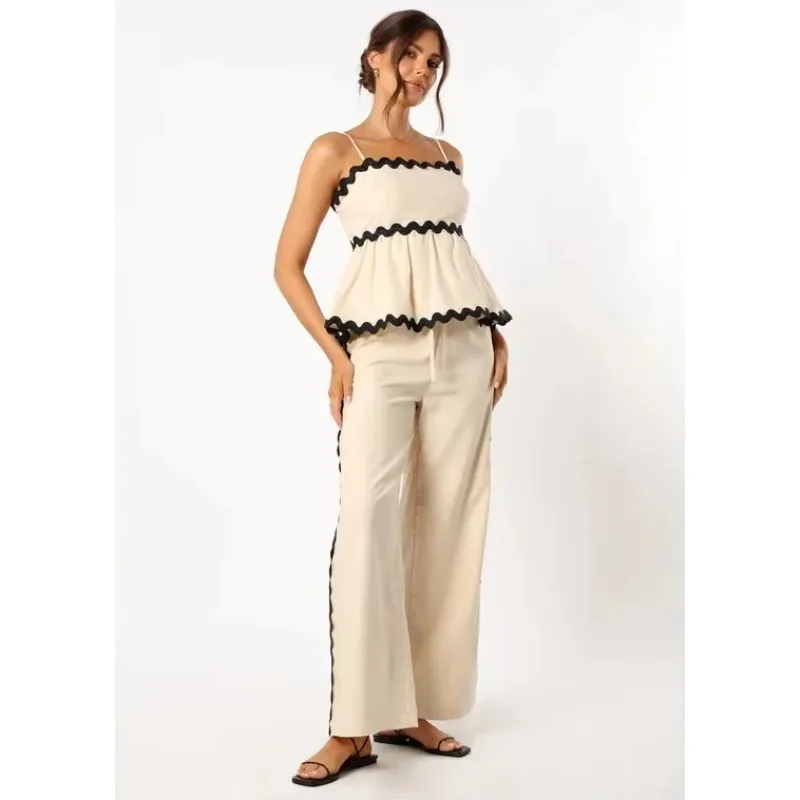 Ruffle Sling Top Two Piece Set Women Elegant Stripe Sleeveless Tops Wide Leg Pants Female Suit Summer High Waist Pants Suits Y2k