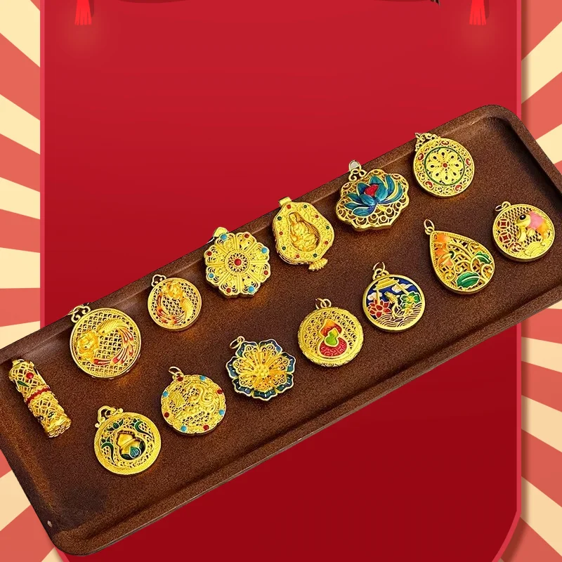 

2025 9999 Real Gold 24K Enamel Color Silk Eight Treasures Compass Ancient Gold Genuine Lotus Buddha Statue Pendant