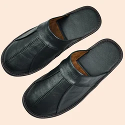 Men's Luxury Cow Split Leather Handmade Men Home Slippers Spring Slip on Soft Comfortable Black Brown Bedroom Indoor Flat Shoes