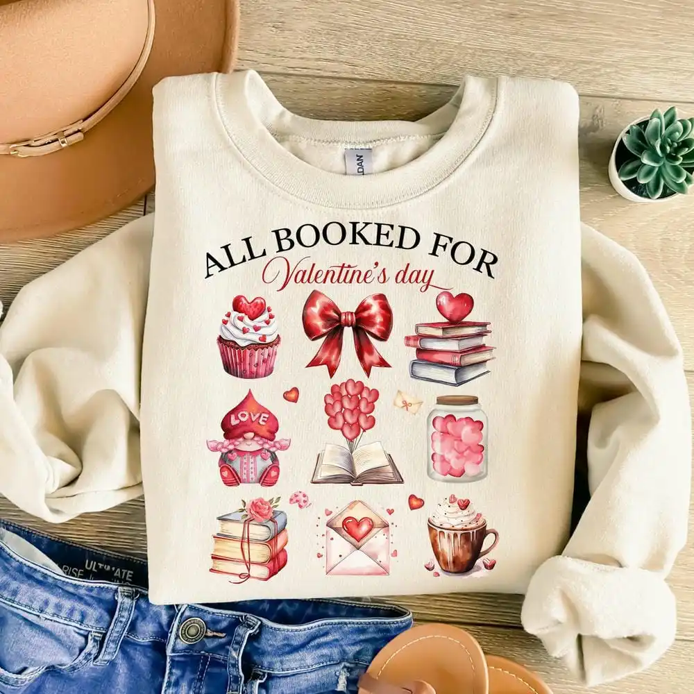 All Booked for Valentine’s Day Sweatshirt Valentine Coquette Shirt Book Lover Casual Roundneck Fleece Sweatshirt Y2K Streetwear