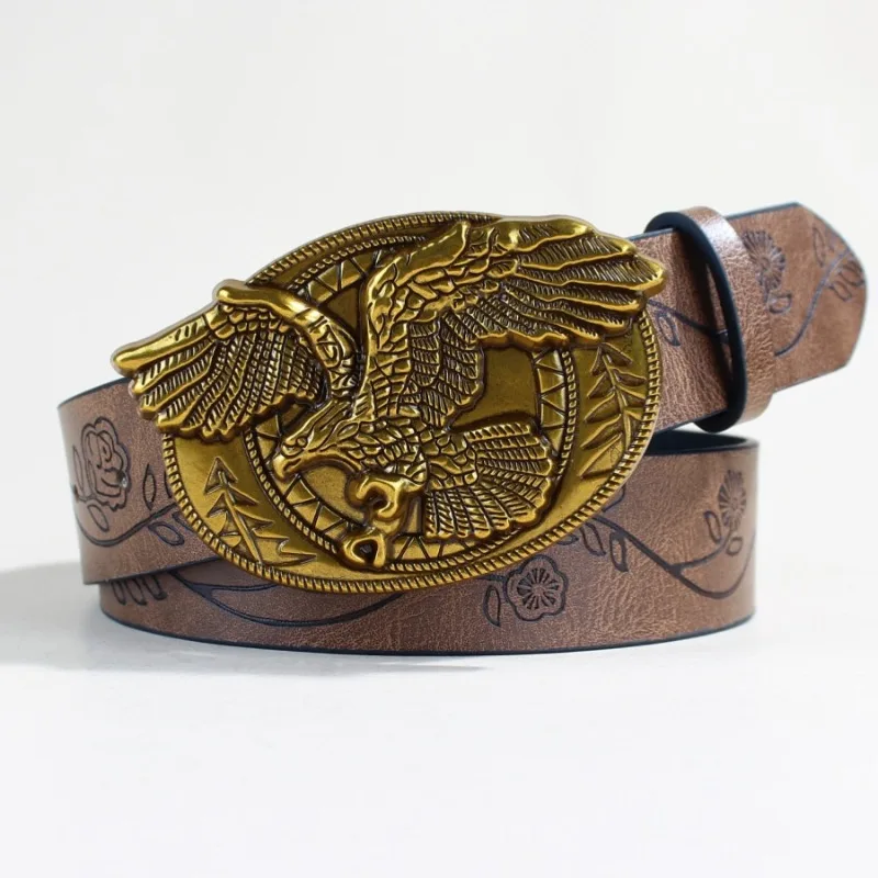 Western-Style Leather Belt with Flying Eagle Buckle Unisex Fashionable Trendy Retro Punk-Inspired Embossed Women’s Belts
