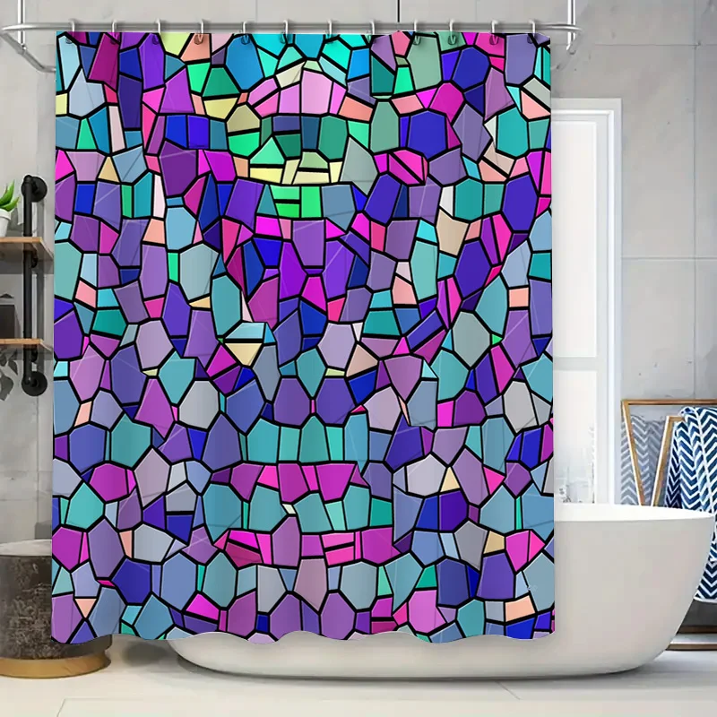 

Modern Abstract Mosaic Shower Curtain for Bathroom Decor 3D Printed Fabric Waterproof Bath Rug Mat Set with Hook Rings