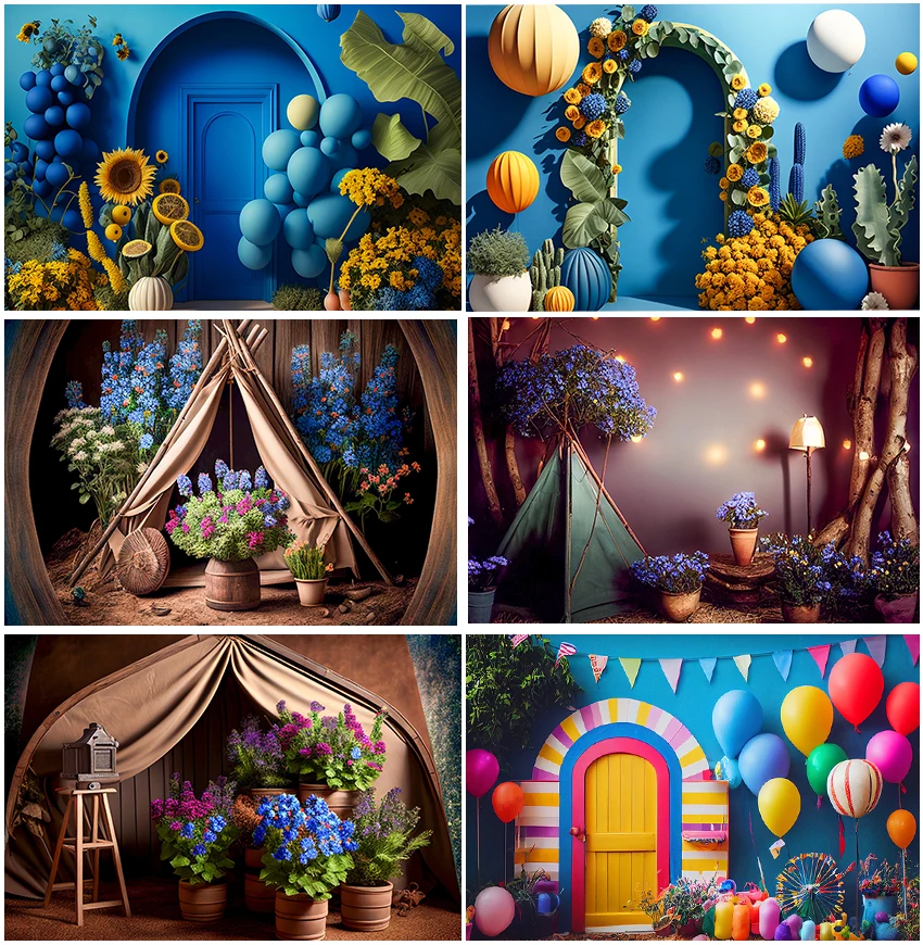 

Photography Background Birthday 3D Floral Balloons Plants Tent Decor Child Baby Portrait Cake Smash Family Photocall Backdrops