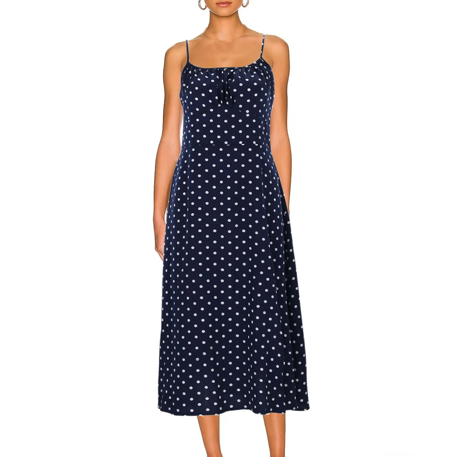 

2024 Summer Vintage Chic Polka Dot Printed Dress For Women Fashion Sleeveless Long Maxi Dress Spaghetti Straps Beach Dress