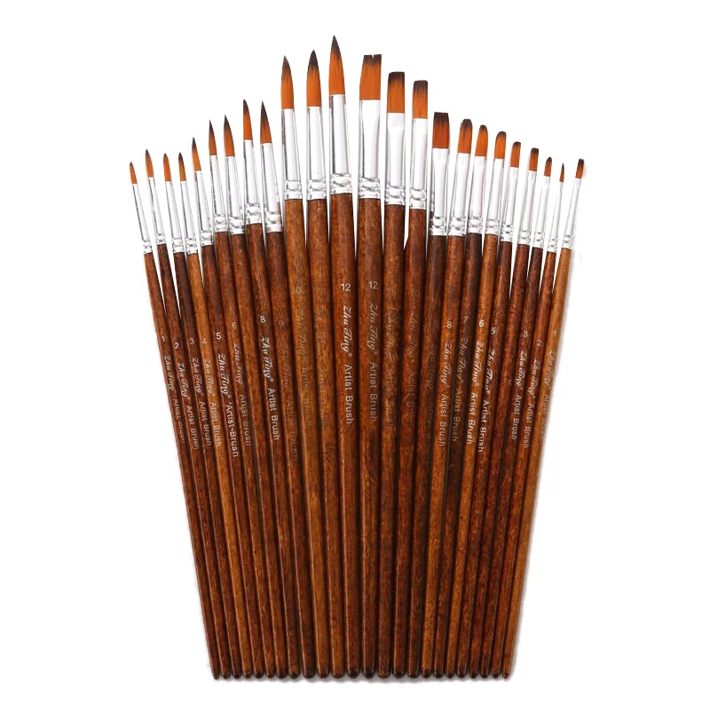 12 PCS/Set Nylon Hair Painting Brush Retro Wooden Handle Brush Pen DIY Watercolor Oil Acrylic Painting Paint Brushes Art Supply