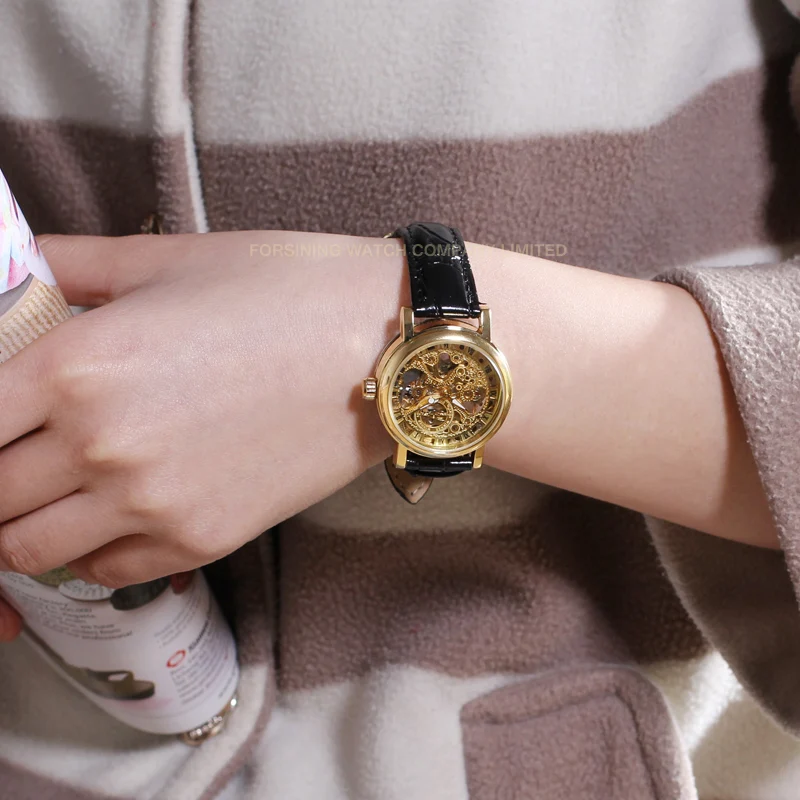 Wholesale WINNER Luxury Brands Gold Woman Watch Steel Skeleton Mechanical Manual Movement Genuine Leather Elegant Ladies Watches