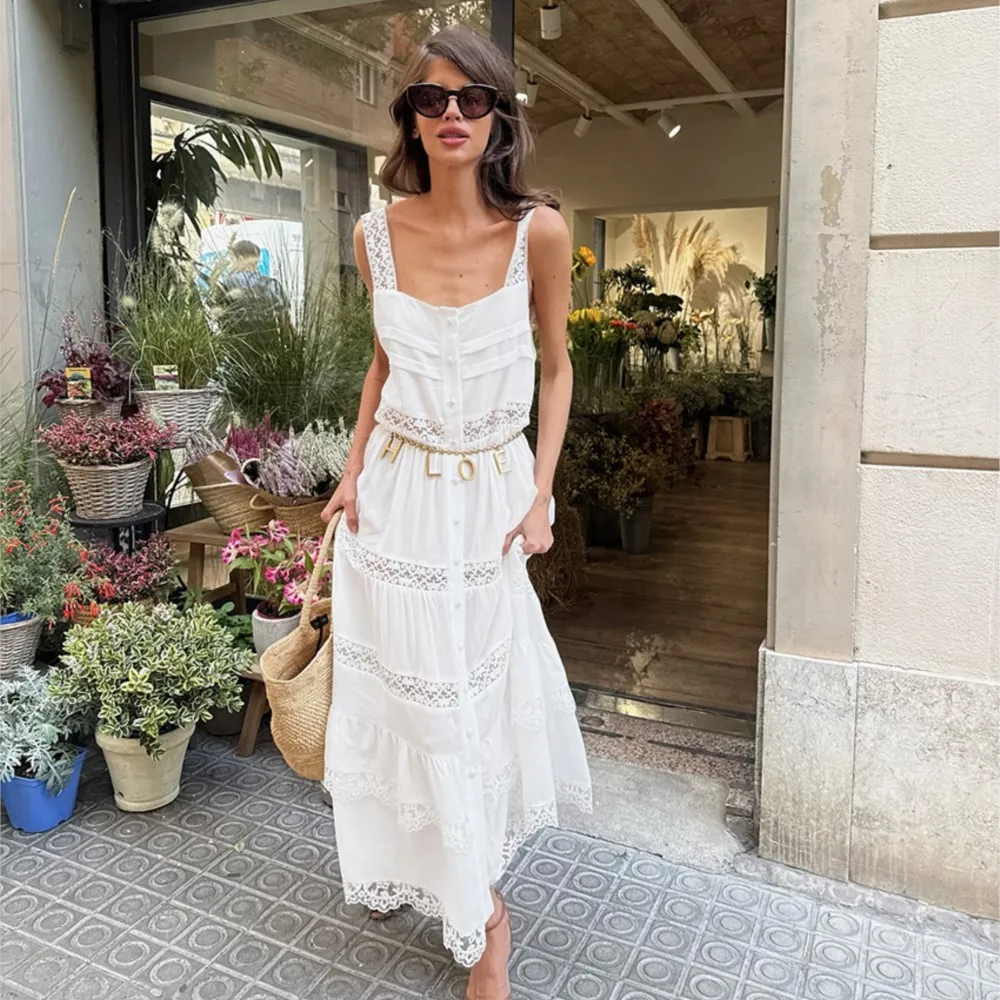 Picture 4: Dresses 2026 Woman Bohemian Lace A-line Dress Casual Evening Dress Vacation Solid Color See Through Lace Patchwork Sleeveless