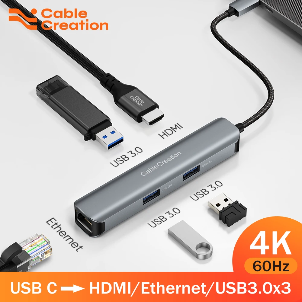 5 in 1 USB C HUB Type C to HDMI 4K 60Hz RJ45 USB3.0  Adapter for MacBook Air 2020 iPad Pro M1 PC Accessories USB C Splitter