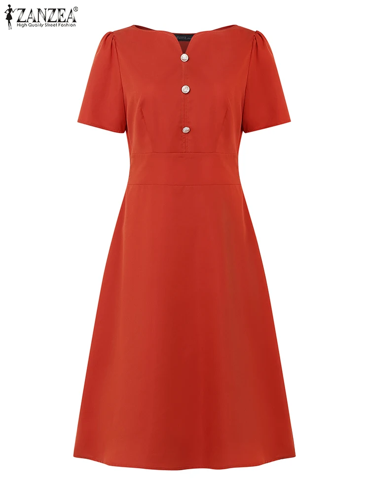 ZANZEA-Vestidos Midi elegantes de cintura alta para mujer, moda con cuello en V, manga corta, corte en A, para oficina y ir al trabajo