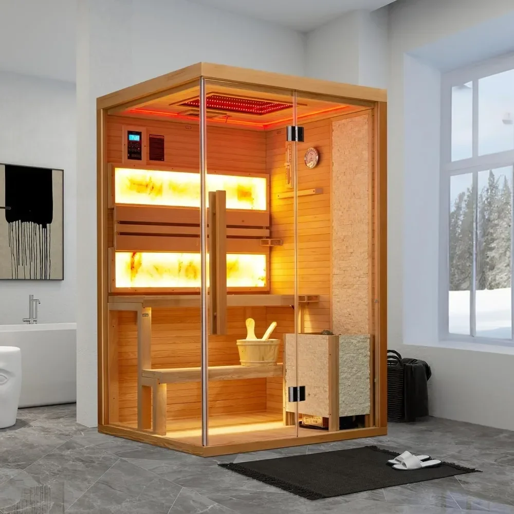 Sauna parowa, 2-osobowa luksusowa sauna wewnętrzna z grzałką o mocy 2300 W, drewniana sauna z 2 himalajskimi cegłami solnymi Saunas