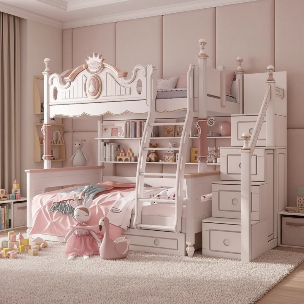 # Enchanted Natural OAK Wood Double-layer Bed Playful Castle Design Safety Railings Storage Stairs for Boutique Nursery Project