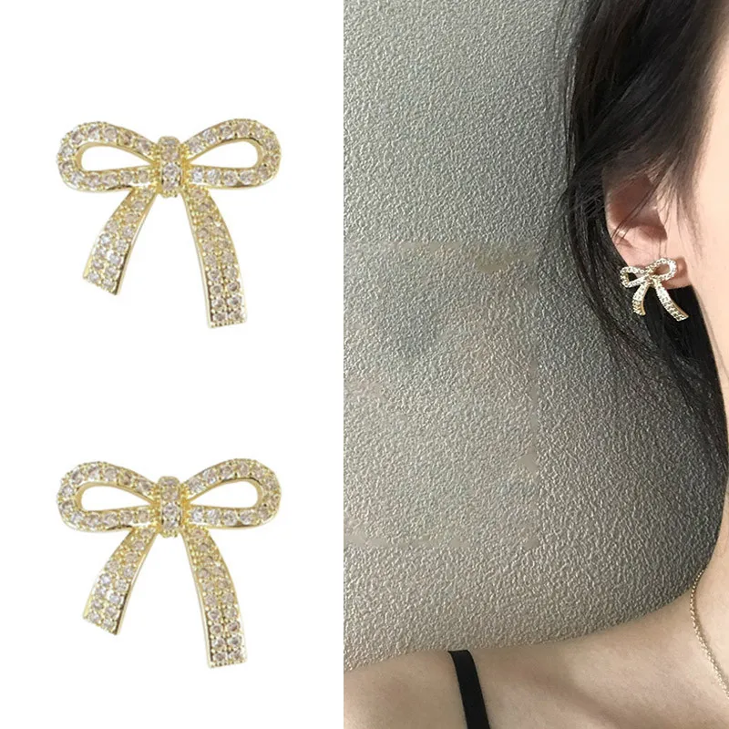 2022 New Jewelry Korean Sweet Full Crytal Bowknot Women Earrings Golden Bow Fashion Stud Earrings Jewelry Gift