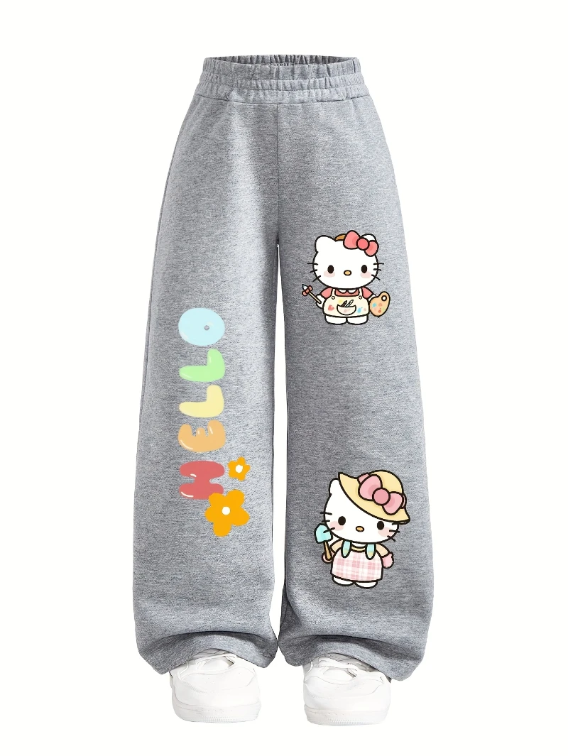 

Stretchy Elastic Waist Straight-Leg Leggings, Black with Floral Hello Kitty, All-Season Casual Everyday & Party Outfit Toddlers