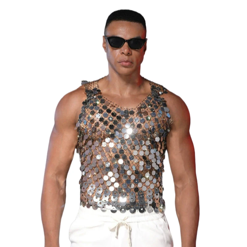 Herren Pailletten-Tanktop Ärmellos Transparentes Netz-Oberteil Ausgehöhlt Nachtclub Party Festival Rave Mode Y2K Top футболка+женская – Detail 6