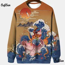 Suéter con estampado de gato japonés para hombre, jersey de manga larga de gran tamaño con cuello redondo, ropa de calle informal, sudadera fina para Primavera, 2023