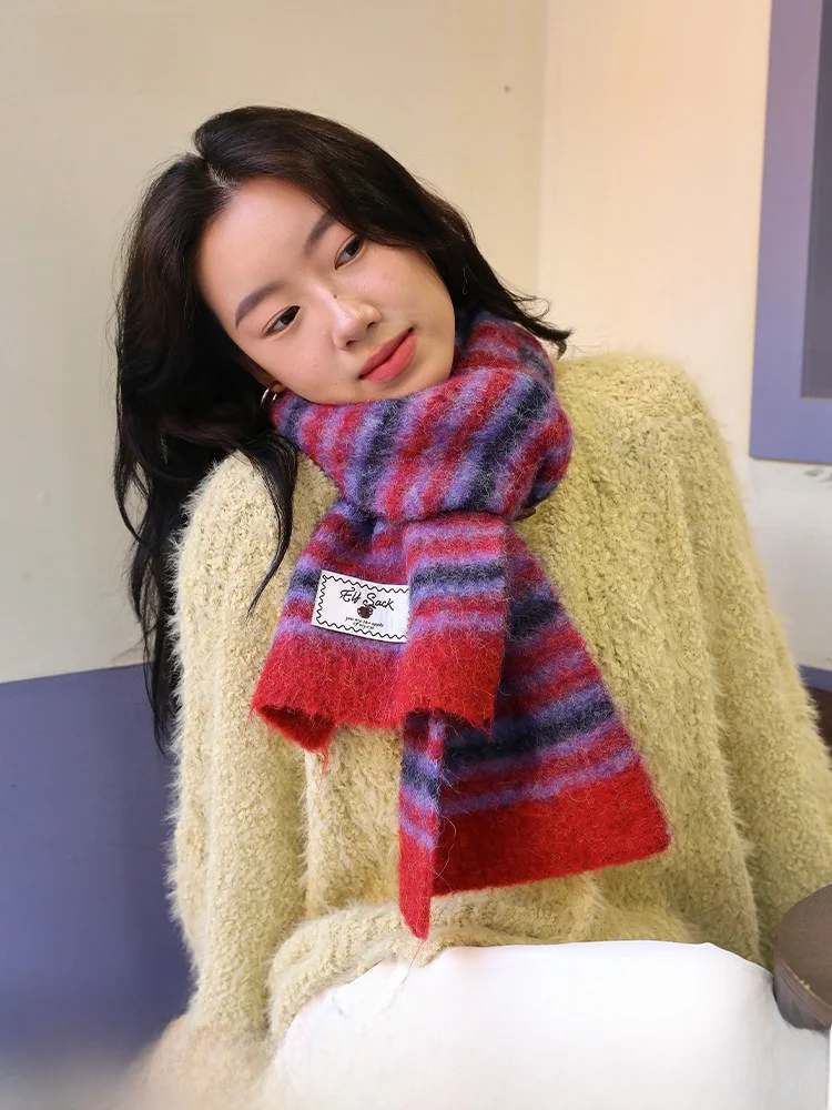 ファッショナブルで温かみのある雰囲気の女性用スカーフ-カラーブロック-ウールストライプデザイン-冬の新作-エルフサック・ザ・フェアリーズ・ポケットより