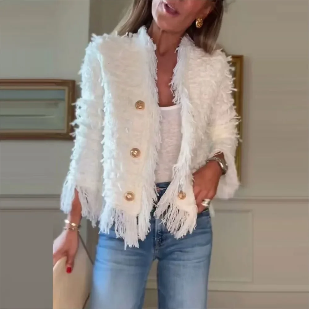 

Women's Fashion Double-breasted Jackets 2025 Autumn Winter New Elegant High-end Temperament Tassel Top Coat Women's Clothing