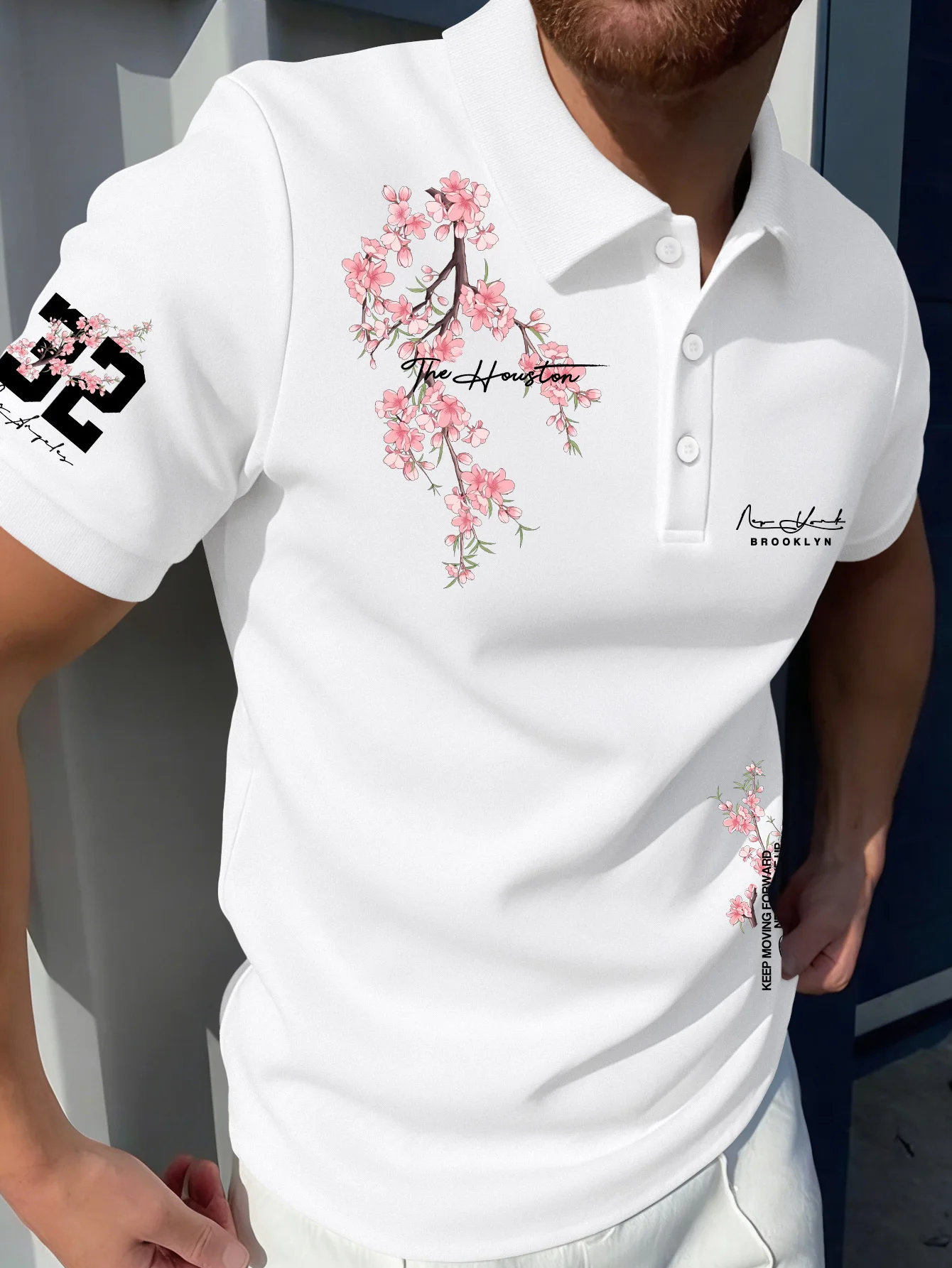 European and American adult men's cherry blossom branches adorned with handwritten font lapel short sleeved polo shirt