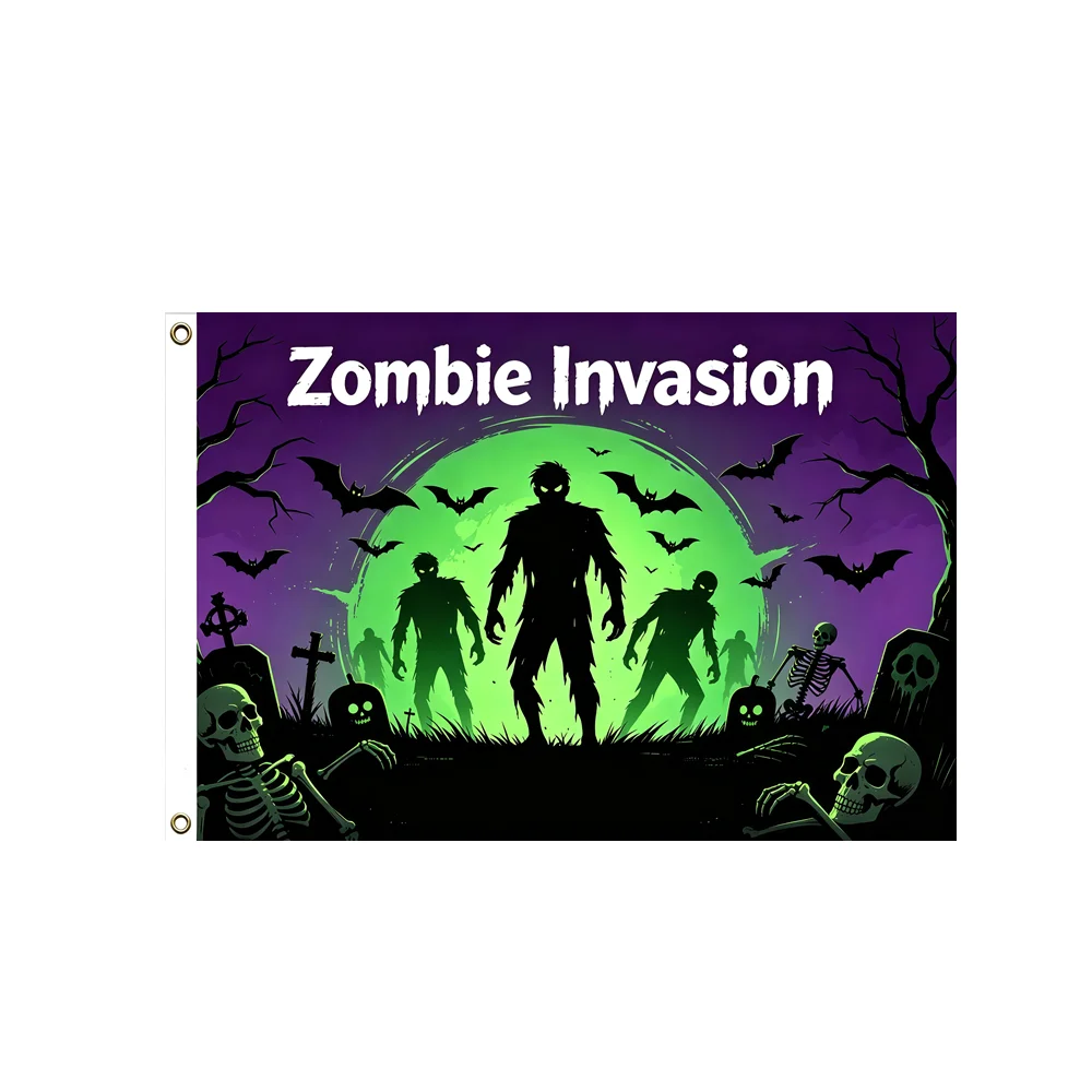 Zombie Invasion Halloween Flag 2x3ft 3x5ft Spooky Zombie Bat Grave Polyester Banner For Dorm Party Festival Wall Hanging Decor