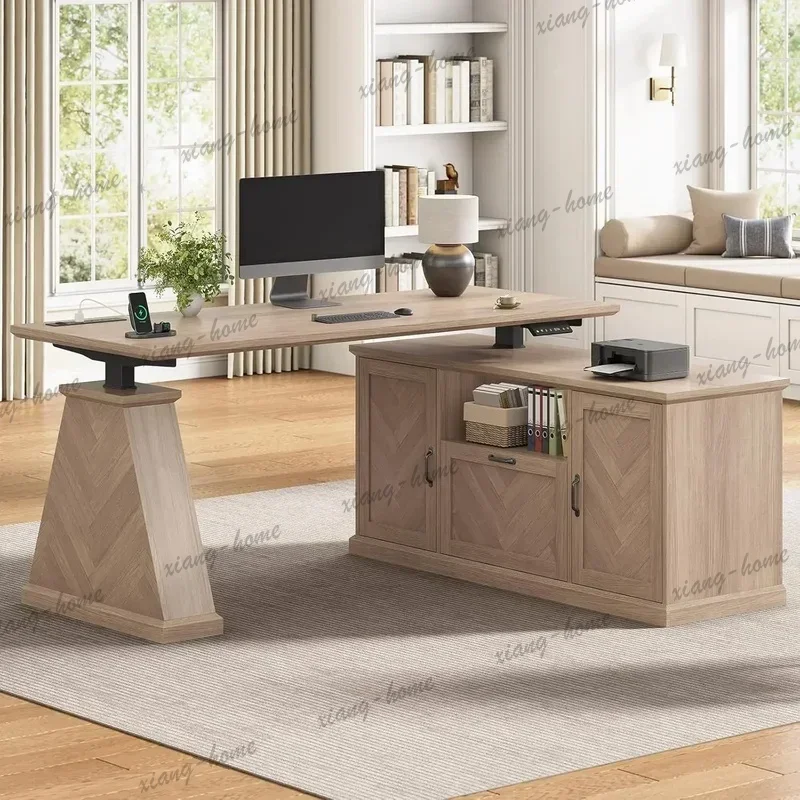 LD High Quality 55.1 x 47.2 Inch Farmhouse L-Shaped Electric   Height Adjustable Workstation with Power Outlet 2 Storag