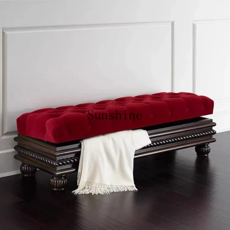 

American solid wood fabric pull buckle bedside stool simple square with functional box fitting stool