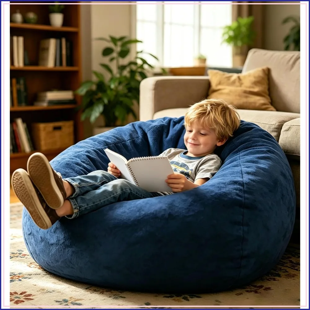 3FT Faux Fur Bean Bag Chair for Kids, Memory Foam Filled, Soft Washable Cover, Dark Blue